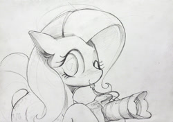 Size: 1080x761 | Tagged: safe, artist:bluedrg19, fluttershy, shutterfly, pegasus, pony, camera, mouth hold, sketch, solo, traditional art, wink