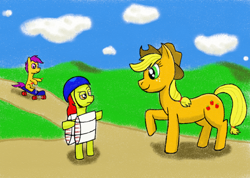 Size: 1024x728 | Tagged: safe, artist:mrjunewolf, apple bloom, applejack, scootaloo, earth pony, pony, female, mare