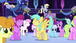 Size: 1920x1080 | Tagged: safe, screencap, amethyst star, berry punch, berryshine, carrot top, cloud kicker, daisy, derpy hooves, flower wishes, golden harvest, linky, lyra heartstrings, piña colada, shoeshine, sparkler, sunshower raindrops, twinkleshine, earth pony, pegasus, pony, unicorn, friendship is magic, background pony