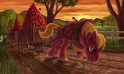 Size: 2000x1200 | Tagged: safe, artist:tsitra360, big macintosh, earth pony, pony, apple, breeching, cart, chains, fluffy, horse collar, male, pulling, smiling, smirk, solo, stallion, stronk, sweat, tired, working