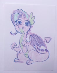 Size: 1594x2048 | Tagged: safe, artist:dawnfire, starlight glimmer, dragon, crayon drawing, dragonified, glimmerdragon, solo, species swap, traditional art