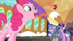 Size: 480x270 | Tagged: safe, derpibooru import, screencap, maud pie, pinkie pie, twilight sparkle, twilight sparkle (alicorn), alicorn, earth pony, pony, maud pie (episode), animated, hub logo, licking, loop, prehensile tongue, rock candy, rock candy necklace
