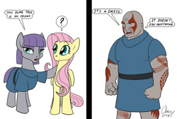 Size: 1000x673 | Tagged: safe, artist:omny87, fluttershy, maud pie, earth pony, pegasus, pony, comic, dialogue, drax the destroyer, guardians of the galaxy, marvel, reference, simple background, white background