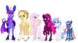 Size: 4167x2334 | Tagged: safe, alternate version, artist:saphi-boo, derpibooru import, applejack, fluttershy, pinkie pie, rainbow dash, rarity, twilight sparkle, twilight sparkle (alicorn), alicorn, classical unicorn, earth pony, pegasus, pony, unicorn, alternate color palette, alternate cutie mark, alternate design, alternate universe, big ears, blaze (coat marking), cloven hooves, coat markings, female, floppy ears, grin, hair over one eye, impossibly large ears, leonine tail, line-up, looking at you, mane six, mare, open mouth, raised hoof, simple background, size chart, size comparison, size difference, smiling, socks (coat marking), transparent background, unshorn fetlocks