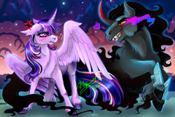 Size: 1024x683 | Tagged: safe, artist:shanna1992, derpibooru import, king sombra, twilight sparkle, twilight sparkle (alicorn), alicorn, pony, blushing, male, rainbow power, shadow, shipping, straight, twibra