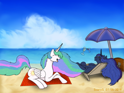 Size: 1024x768 | Tagged: safe, artist:soanos, princess celestia, princess luna, alicorn, pony, beach, beach umbrella, chest, drink, magic, ocean, telekinesis