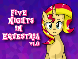 Size: 480x360 | Tagged: safe, artist:vanillafox2035, sunset shimmer, pony, unicorn, adorable face, cute, female, five nights at freddy's, five nights in equestria, flash game, game, link in source, looking at you, mare, parody, ponified, sitting, smiling, solo, title screen