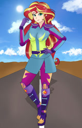 Size: 709x1106 | Tagged: safe, artist:anonix123, sunset shimmer, human, equestria girls, friendship games, clothes, female, humanized, looking at you, motorcross outfit, smiling, solo