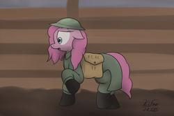 Size: 1824x1227 | Tagged: safe, artist:the-furry-railfan, pinkie pie, earth pony, pony, 1910s, 20th century, battle of the somme, brodie helmet, clothes, depressed, helmet, mud, pinkamena diane pie, ptsd, tragedy, trench, trenchcoat, war, world war i