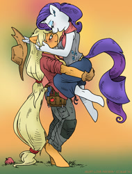 Size: 758x1000 | Tagged: safe, artist:kaemantis, applejack, rarity, anthro, unguligrade anthro, apple, blushing, clothes, earring, female, gloves, lesbian, lifting, neckerchief, pants, rarijack, ring, shipping, shirt, toolbelt, tools