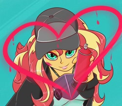 Size: 1500x1300 | Tagged: safe, artist:albertbm, sunset shimmer, better together, display of affection, equestria girls, bust, clothes, cute, female, flanksy, heart, jacket, leather jacket, looking at you, shimmerbetes, simple background, solo