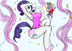 Size: 842x595 | Tagged: safe, artist:cabrony, artist:franschesco, color edit, edit, rarity, spike, anthro, dragon, unguligrade anthro, unicorn, armpits, belly button, breasts, clothes, colored, eyes on the prize, female, leotard, male, pixiv, raritits, shipping, sparity, straight