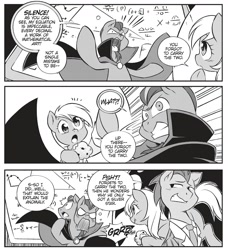 Size: 1845x2025 | Tagged: safe, seven seas, derpy hooves, doctor whooves, earth pony, pony, my little pony: the manga, my little pony: the manga volume 2, spoiler:manga, spoiler:manga2, cropped, female, food, male, mare, monochrome, muffin, professor what, stallion, the master