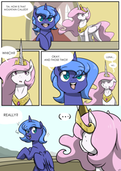 Size: 4961x6992 | Tagged: safe, artist:lrusu, princess celestia, princess luna, alicorn, pony, absurd resolution, bipedal, bipedal leaning, cewestia, comic, cute, filly, jewelry, necklace, pink-mane celestia, who's on first?, woona