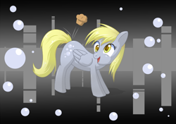 Size: 700x494 | Tagged: safe, artist:moonsango, derpy hooves, pegasus, pony, bubble, cute, derpabetes, female, mare, muffin, open mouth, solo, that pony sure does love muffins