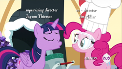 Size: 1920x1080 | Tagged: safe, derpibooru import, screencap, pinkie pie, twilight sparkle, twilight sparkle (alicorn), alicorn, earth pony, pony, maud pie (episode), all new, female, hub logo, mare, out of context