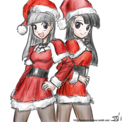 Size: 1280x1280 | Tagged: safe, artist:johnjoseco, artist:michos, limestone pie, marble pie, human, christmas, clothes, duo, female, hat, holiday, humanized, pantyhose, pie sisters, santa claus, santa hat