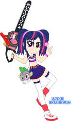 Size: 883x1489 | Tagged: safe, artist:anime-equestria, spike, twilight sparkle, human, equestria girls, belly button, breasts, candy, chainsaw, cheerleader, cheerleader outfit, cleavage, clothes, disembodied head, food, human coloration, humanized, juliet starling, lollipop, lollipop chainsaw, midriff, miniskirt, nick carlyle, pigtails, pleated skirt, skirt, smiling, socks, sports bra, thigh highs, voice actor joke, zettai ryouiki