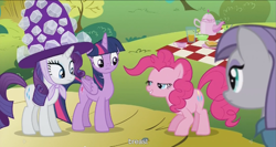 Size: 1439x763 | Tagged: safe, derpibooru import, screencap, boulder (pet), maud pie, pinkie pie, rarity, twilight sparkle, twilight sparkle (alicorn), alicorn, earth pony, pony, unicorn, maud pie (episode), female, giant hat, hat, mare, meme, youtube caption