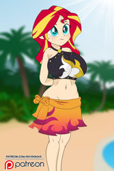 Size: 800x1197 | Tagged: safe, artist:raydonxd, sunset shimmer, equestria girls, equestria girls series, adorasexy, beach, beautiful, belly button, big breasts, bikini, bikini top, breasts, clothes, commission, cute, female, forest, huge breasts, human coloration, moe, no panties, ocean, patreon, patreon logo, sarong, sexy, shimmerbetes, skirt, smiley face, solo, summer sunset, sunset jiggler, swimsuit