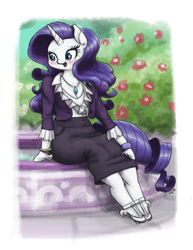 Size: 1028x1333 | Tagged: safe, artist:king-kakapo, rarity, anthro, unguligrade anthro, blushing, bracelet, cleavage, clothes, cute, ear piercing, earring, female, flower, high heels, jewelry, looking at something, necklace, piercing, shoes, sitting, skirt, smiling, solo, unshorn fetlocks