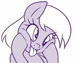 Size: 526x444 | Tagged: safe, artist:sorcerushorserus, derpy hooves, pegasus, pony, bust, female, mare, monochrome, silly, simple background, solo, squishy cheeks, tongue out, white background