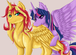 Size: 1754x1275 | Tagged: safe, artist:tenebrae, sunset shimmer, twilight sparkle, twilight sparkle (alicorn), alicorn, pony, alicornified, couple, female, lesbian, mare, preening, race swap, scar, shimmercorn, shipping, sunsetsparkle