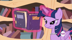 Size: 1440x810 | Tagged: safe, derpibooru import, screencap, twilight sparkle, twilight sparkle (alicorn), alicorn, pony, maud pie (episode), book, female, hub logo, mare, solo