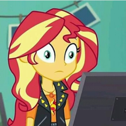 Size: 1080x1080 | Tagged: safe, edit, edited screencap, screencap, sunset shimmer, better together, equestria girls, forgotten friendship, cropped, cross-eyed, female, solo, thousand yard stare