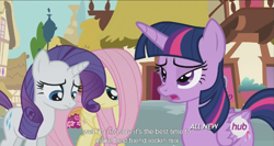 Size: 1439x763 | Tagged: safe, derpibooru import, screencap, fluttershy, rarity, twilight sparkle, twilight sparkle (alicorn), alicorn, pegasus, pony, unicorn, maud pie (episode), female, hub logo, mare, meme, youtube caption