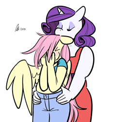 Size: 1100x1180 | Tagged: safe, artist:rwl, fluttershy, rarity, anthro, blushing, female, flarity, lesbian, midriff, shipping