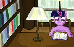 Size: 796x506 | Tagged: safe, artist:iemikas, derpibooru import, twilight sparkle, lamp, library, solo, table