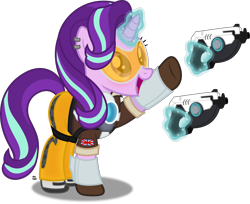 Size: 2712x2210 | Tagged: safe, artist:anime-equestria, starlight glimmer, clothes, cosplay, costume, crossover, ear piercing, goggles, gun, handgun, happy, horn, levitation, magic, overwatch, piercing, pistol, simple background, telekinesis, tracer, transparent background, union jack, vector, weapon