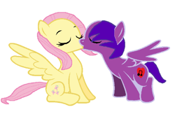 Size: 1096x760 | Tagged: safe, artist:melody heart, fluttershy, oc, oc:melody heart, pegasus, pony, canon x oc, female, kissing, lesbian, love, shipping