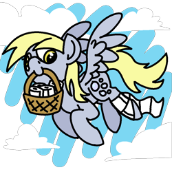 Size: 1920x1920 | Tagged: safe, artist:skookz, derpy hooves, pegasus, pony, /mlp/, abstract background, basket, cloud, cute, derp, female, flying, happy, mare, mouth hold, simple background, sky, solo, spread wings, toilet paper, transparent background, wings