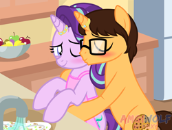 Size: 2079x1578 | Tagged: safe, artist:amgiwolf, starlight glimmer, oc, oc:brandon, pony, unicorn, apple, apron, base used, bipedal, blushing, bowl, branglimmer, canon x oc, clothes, commission, eyes closed, female, food, glasses, horn, horn ring, housewife, kiss on the cheek, kissing, kitchen, male, mare, one eye closed, ring, sink, smiling, stallion, straight, unicorn oc, watermark, wedding ring, wink, ych result