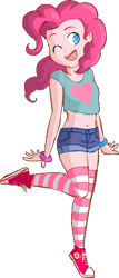 Size: 243x568 | Tagged: artist needed, safe, pinkie pie, human, belly button, clothes, converse, female, heart, humanized, magical friends, midriff, shoes, short shirt, shorts, socks, solo, striped socks, wink