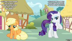 Size: 1189x671 | Tagged: safe, artist:makoruu, applejack, rarity, earth pony, pony, unicorn, headcanon, poor, poverty, rich, sad