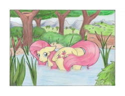 Size: 1200x927 | Tagged: safe, artist:michael thompson, fluttershy, pegasus, pony, bush, color, female, looking at you, pencil drawing, pond, reeds, solo, tail, traditional art, tree, water