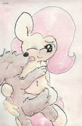 Size: 690x1059 | Tagged: safe, artist:slightlyshade, fluttershy, pegasus, pony, wolf, licking, traditional art