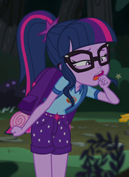 Size: 448x611 | Tagged: safe, screencap, sci-twi, sunset shimmer, twilight sparkle, equestria girls, legend of everfree - bloopers, camp everfree outfits, cropped, female, glasses, offscreen character, ponytail, snarf