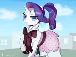 Size: 1024x768 | Tagged: safe, artist:haden-2375, rarity, pony, unicorn, rarity investigates, alternate hairstyle, building, city, clothes, cloud, dress, eyeshadow, grin, lidded eyes, looking at you, makeup, ponytail, raised hoof, signature, sky, smiling, solo