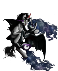 Size: 3211x3942 | Tagged: safe, artist:shagonese, derpibooru import, king sombra, nightmare moon, pony, unicorn, female, hug, looking at each other, lumbra, male, shipping, simple background, sombramoon, straight, tongue out, transparent background, winghug