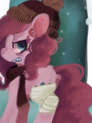 Size: 768x1024 | Tagged: safe, artist:supernoncutie, pinkie pie, earth pony, pony, bandage, clothes, hat, scarf, solo