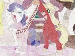 Size: 1992x1481 | Tagged: safe, artist:wjmmovieman, applejack, rarity, earth pony, pony, unicorn, abuse, bipedal, clothes, crying, female, frilly underwear, heart, heart print underwear, mare, pajamas, panties, panty pull, raribuse, traditional art, underwear, wedgie, white underwear