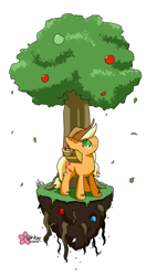 Size: 1000x1760 | Tagged: safe, artist:clouddg, applejack, earth pony, pony, apple, floating island, food, leaves, simple background, solo, tree, white background