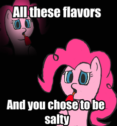 Size: 930x1000 | Tagged: safe, artist:crazyhoundz, pinkie pie, pony, frown, licking, looking at you, meme, mousedrawing, open mouth, popsicle, salt, salty, tongue out, worried