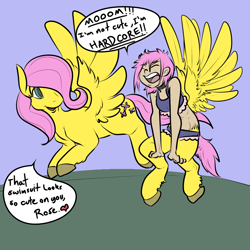 Size: 1000x1000 | Tagged: safe, artist:sterks, fluttershy, oc, oc:thorn, pegasus, pony, satyr, bikini, clothes, i'm not cute, midriff, offspring, parent:fluttershy, swimsuit