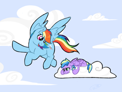 Size: 925x700 | Tagged: safe, artist:ruushiicz, derpibooru import, rainbow dash, oc, oc:rumpletiny, pegasus, pony, cloud, female, filly, flying lesson, magical lesbian spawn, mare, mother and child, mother and daughter, offspring, parent and child, parent:applejack, parent:rainbow dash, parents:appledash, scared, sky, story included