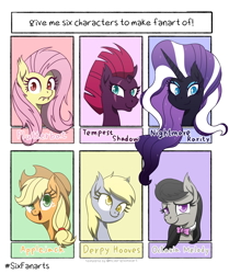 Size: 1600x1910 | Tagged: safe, artist:livehotsun, applejack, derpy hooves, fluttershy, nightmare rarity, octavia melody, tempest shadow, bat pony, earth pony, pegasus, pony, unicorn, bat ponified, cute, ear fluff, female, flutterbat, happy, looking at you, mare, race swap, six fanarts